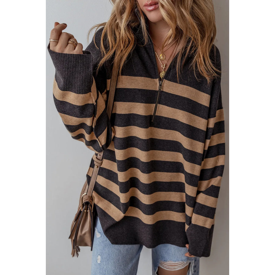 Striped Half Zip Long Sleeve Knit Top Apparel and Accessories