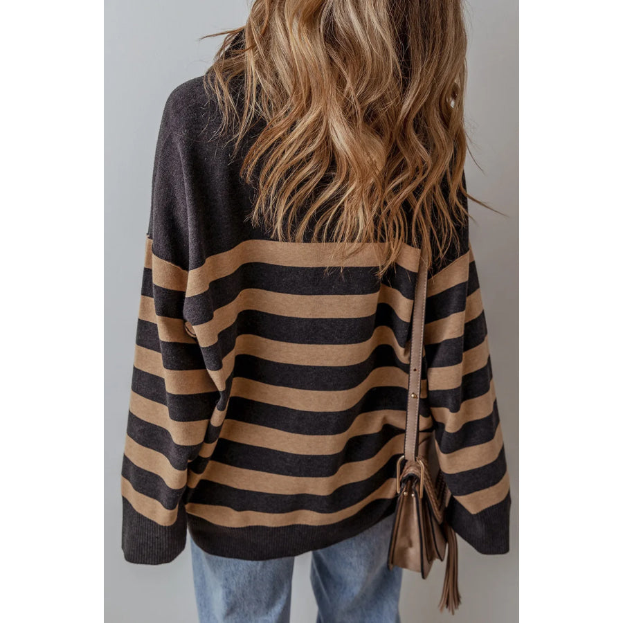 Striped Half Zip Long Sleeve Knit Top Apparel and Accessories