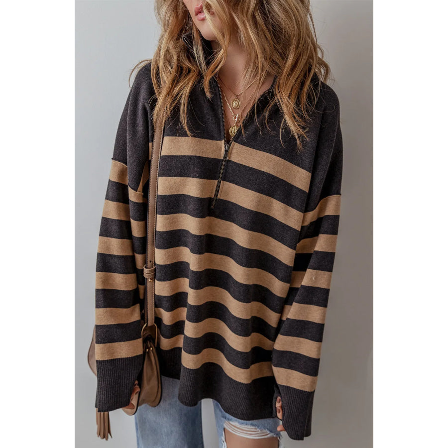 Striped Half Zip Long Sleeve Knit Top Apparel and Accessories