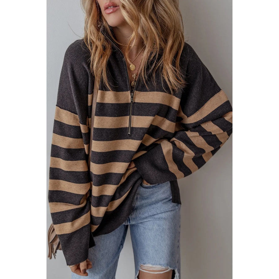 Striped Half Zip Long Sleeve Knit Top Apparel and Accessories