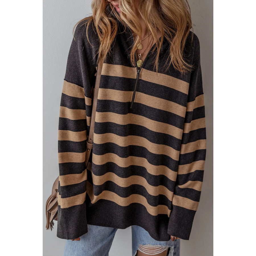 Striped Half Zip Long Sleeve Knit Top Black / S Apparel and Accessories