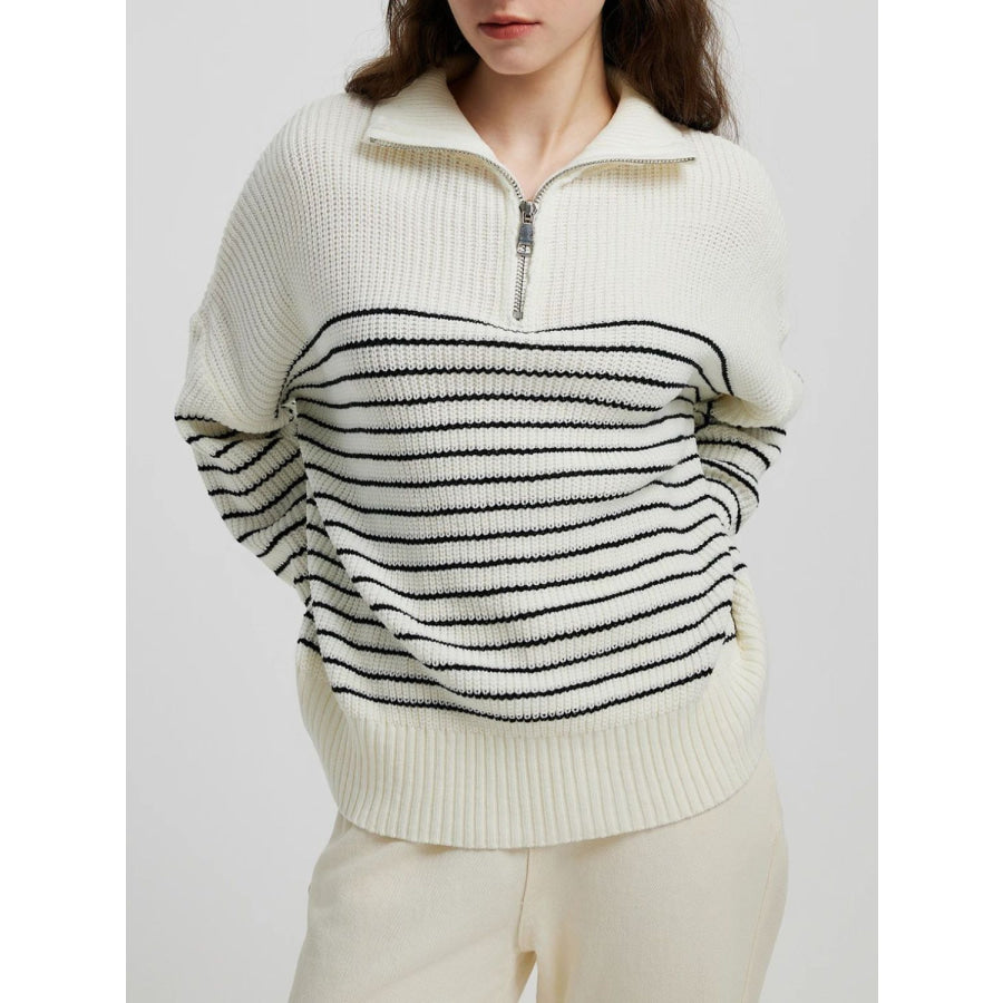 Striped Half Zip Long Sleeve Sweater Black / One Size Apparel and Accessories