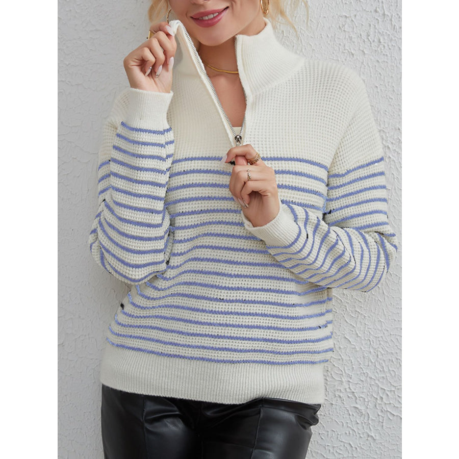 Striped Half Zip Long Sleeve Sweater Light Blue / One Size Apparel and Accessories