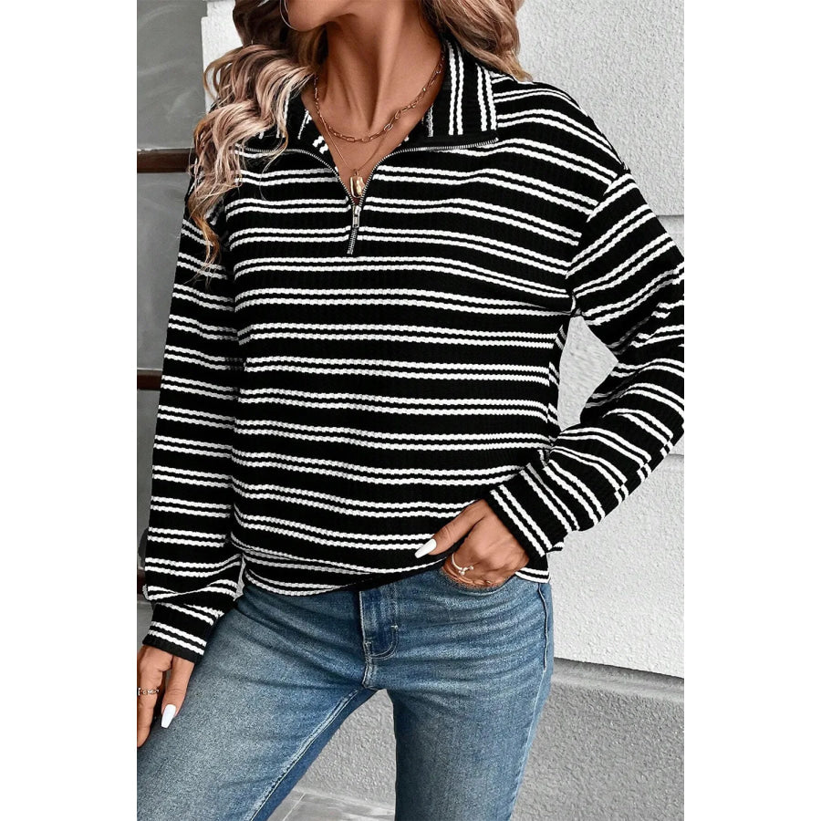 Striped Half Zip Long Sleeve Top Black / S Apparel and Accessories