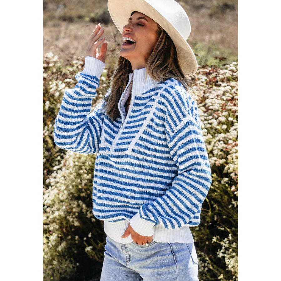 Striped Half Zip Mock Neck Long Sleeve Sweater Apparel and Accessories