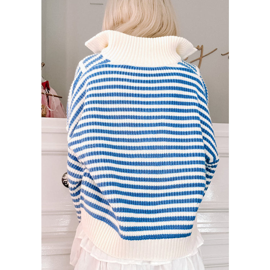 Striped Half Zip Mock Neck Long Sleeve Sweater Apparel and Accessories