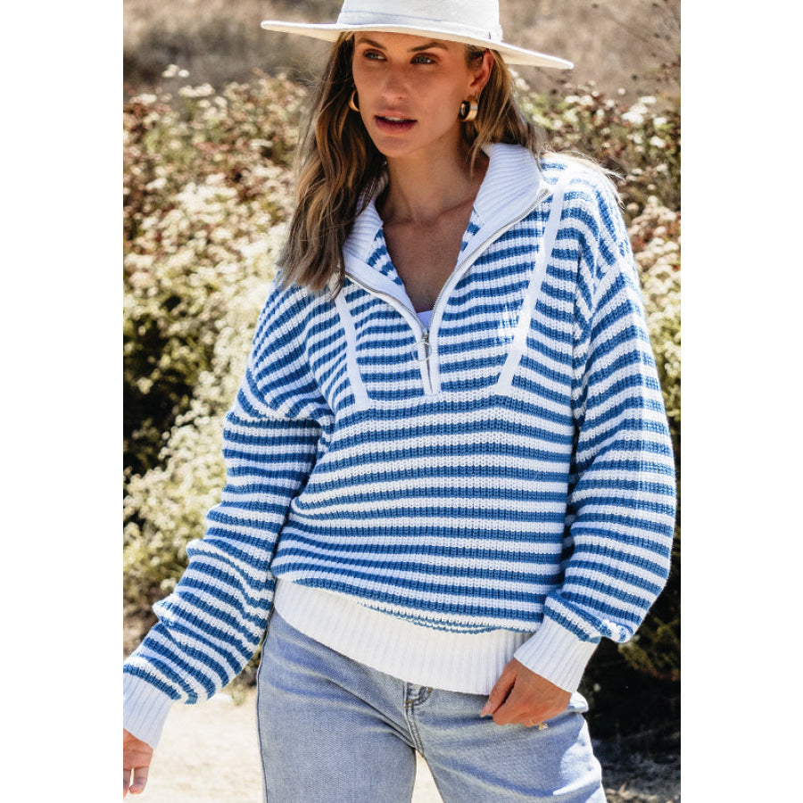 Striped Half Zip Mock Neck Long Sleeve Sweater Apparel and Accessories