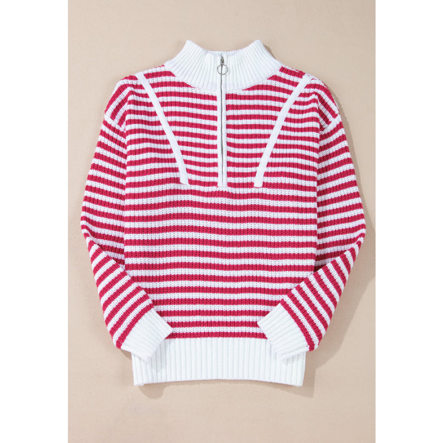 Striped Half Zip Mock Neck Long Sleeve Sweater Apparel and Accessories