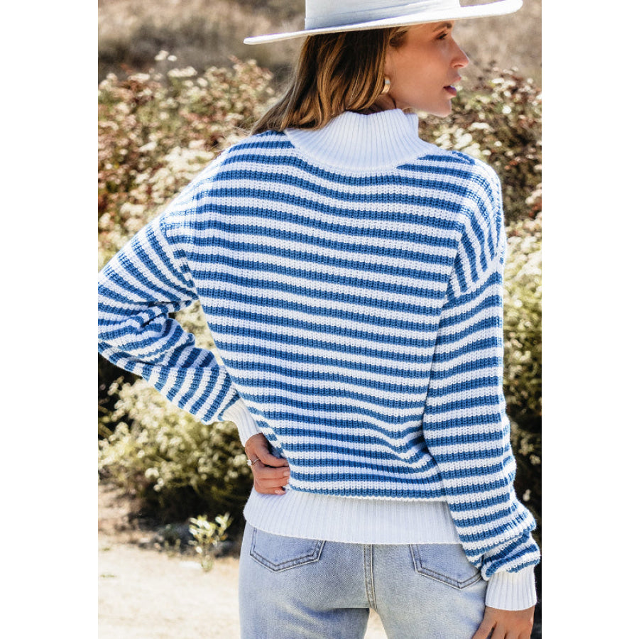 Striped Half Zip Mock Neck Long Sleeve Sweater Apparel and Accessories