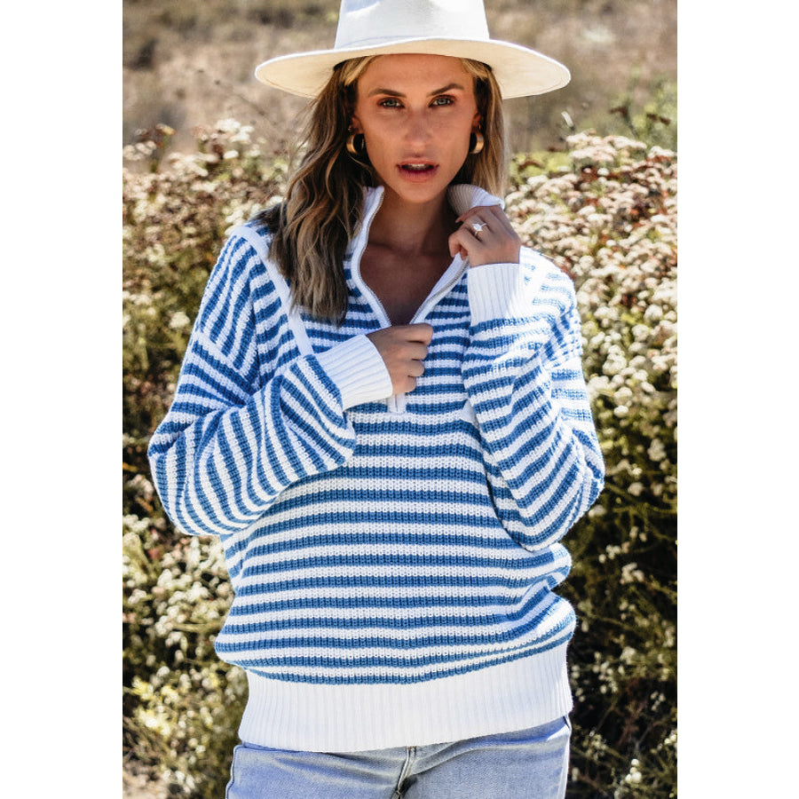 Striped Half Zip Mock Neck Long Sleeve Sweater Apparel and Accessories