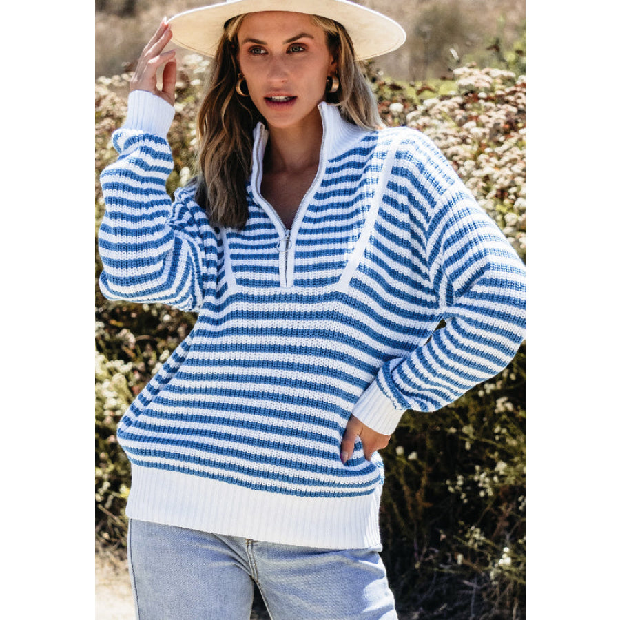 Striped Half Zip Mock Neck Long Sleeve Sweater Apparel and Accessories