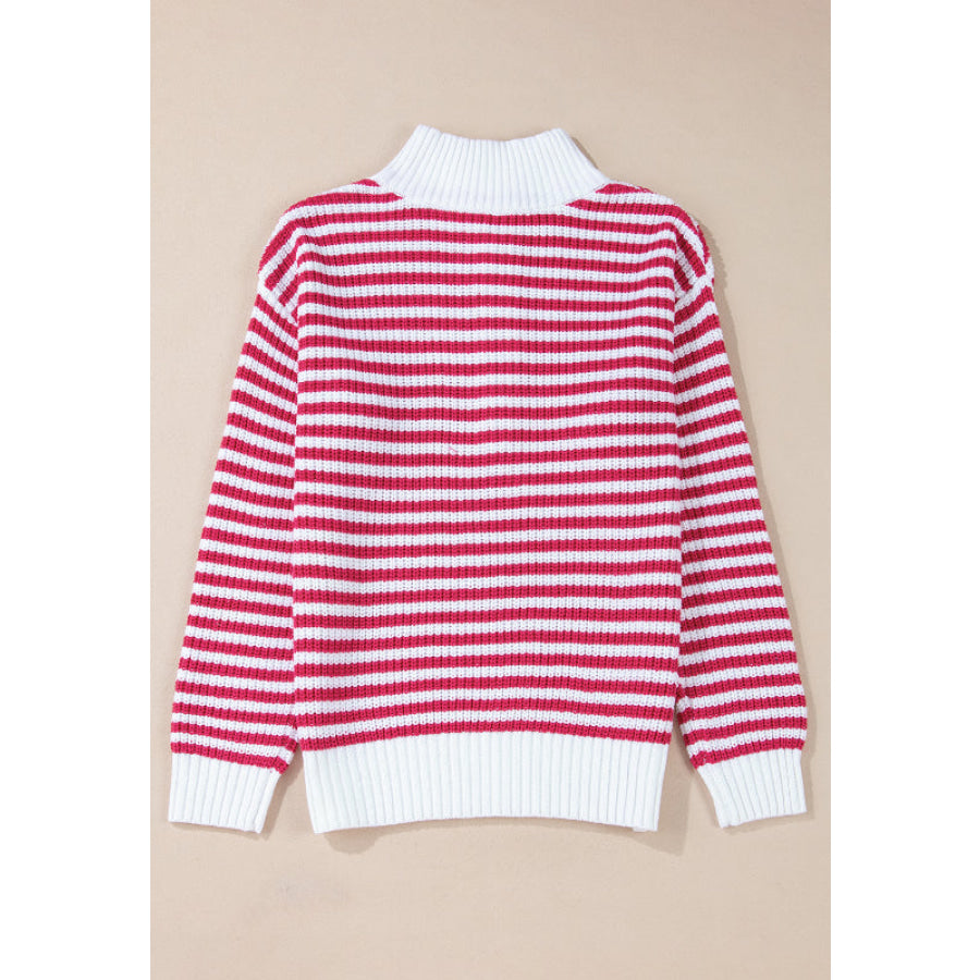 Striped Half Zip Mock Neck Long Sleeve Sweater Apparel and Accessories