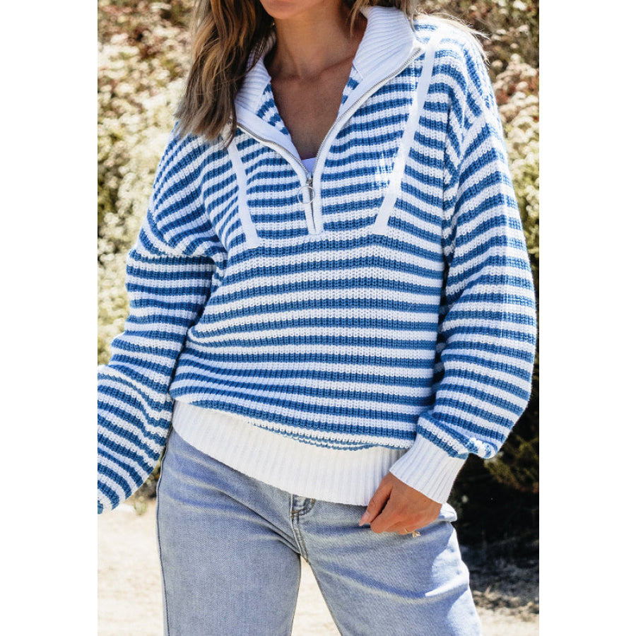 Striped Half Zip Mock Neck Long Sleeve Sweater Pastel Blue / S Apparel and Accessories