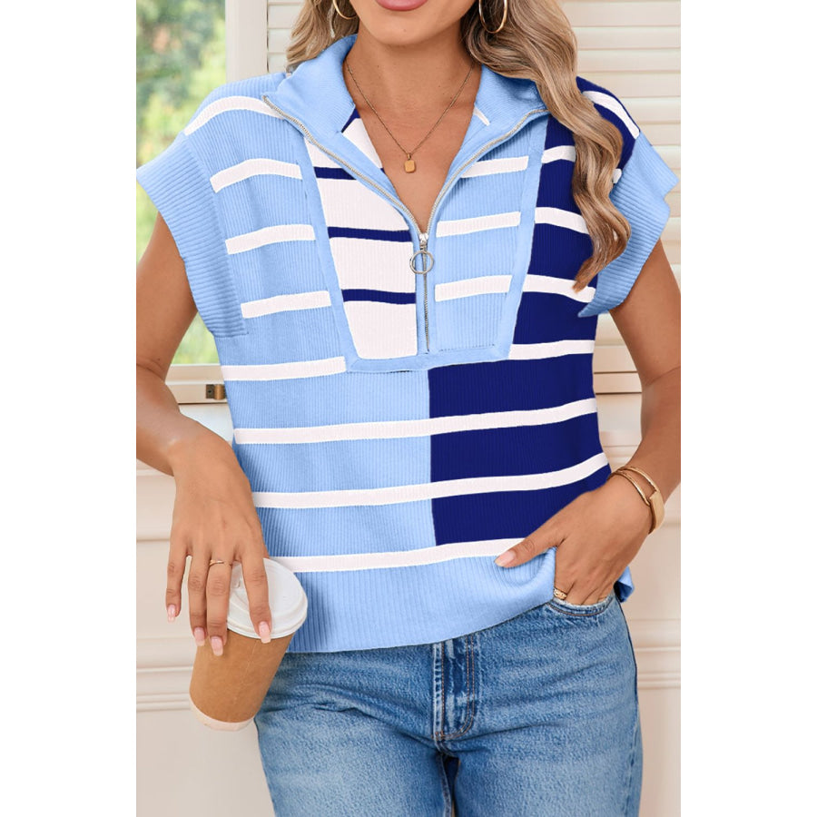 Striped Half Zip Sweater Vest Light Blue / S Apparel and Accessories