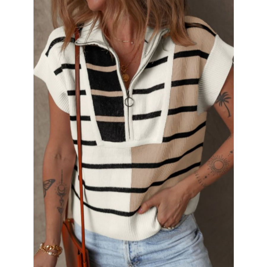 Striped Half Zip Sweater Vest White / S Apparel and Accessories