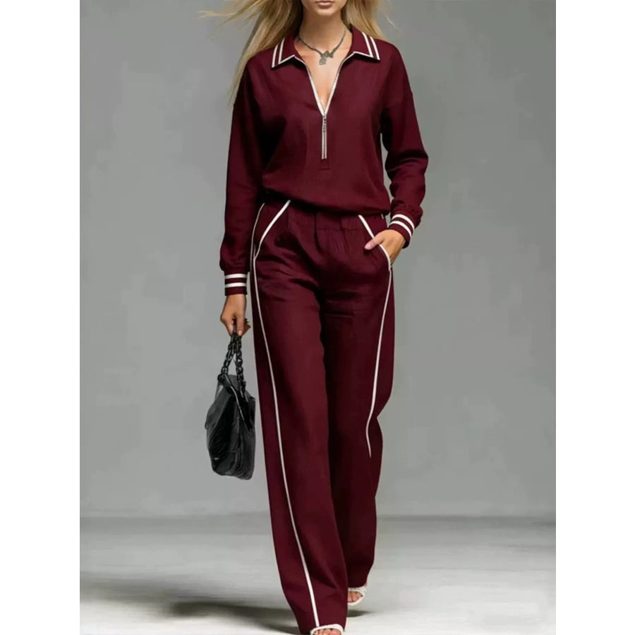 Striped Half Zip Top and Pants Set Apparel Accessories
