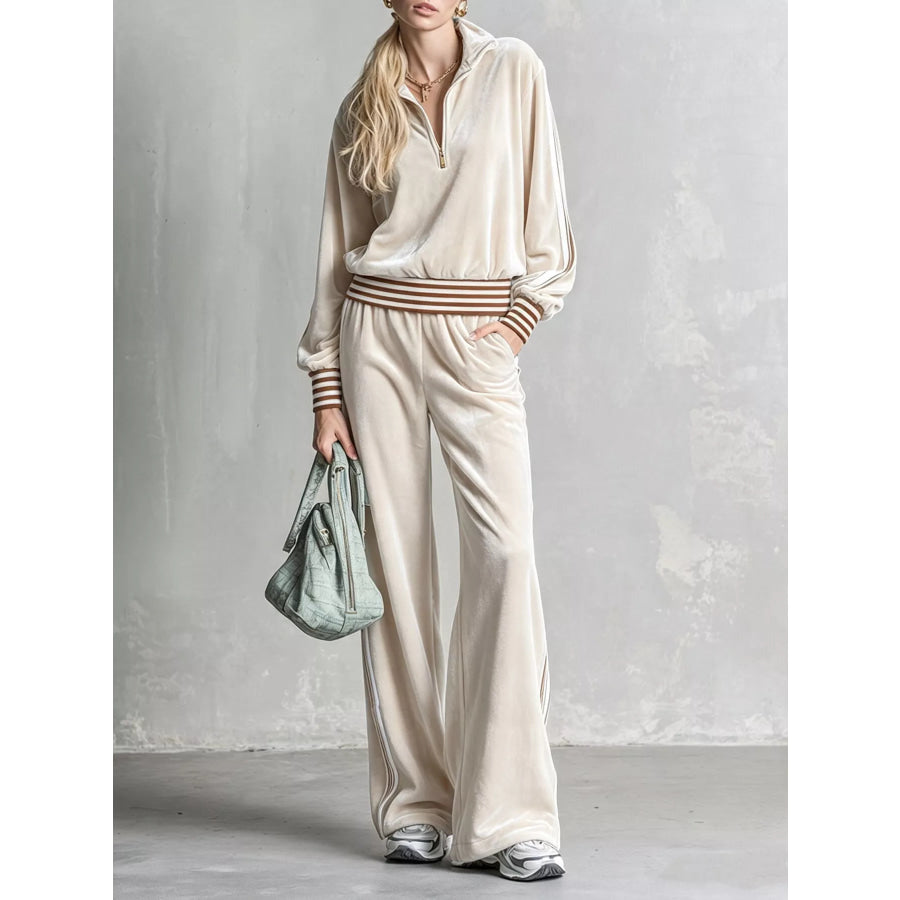 Striped Half Zip Top and Pants Set Beige / S Apparel and Accessories