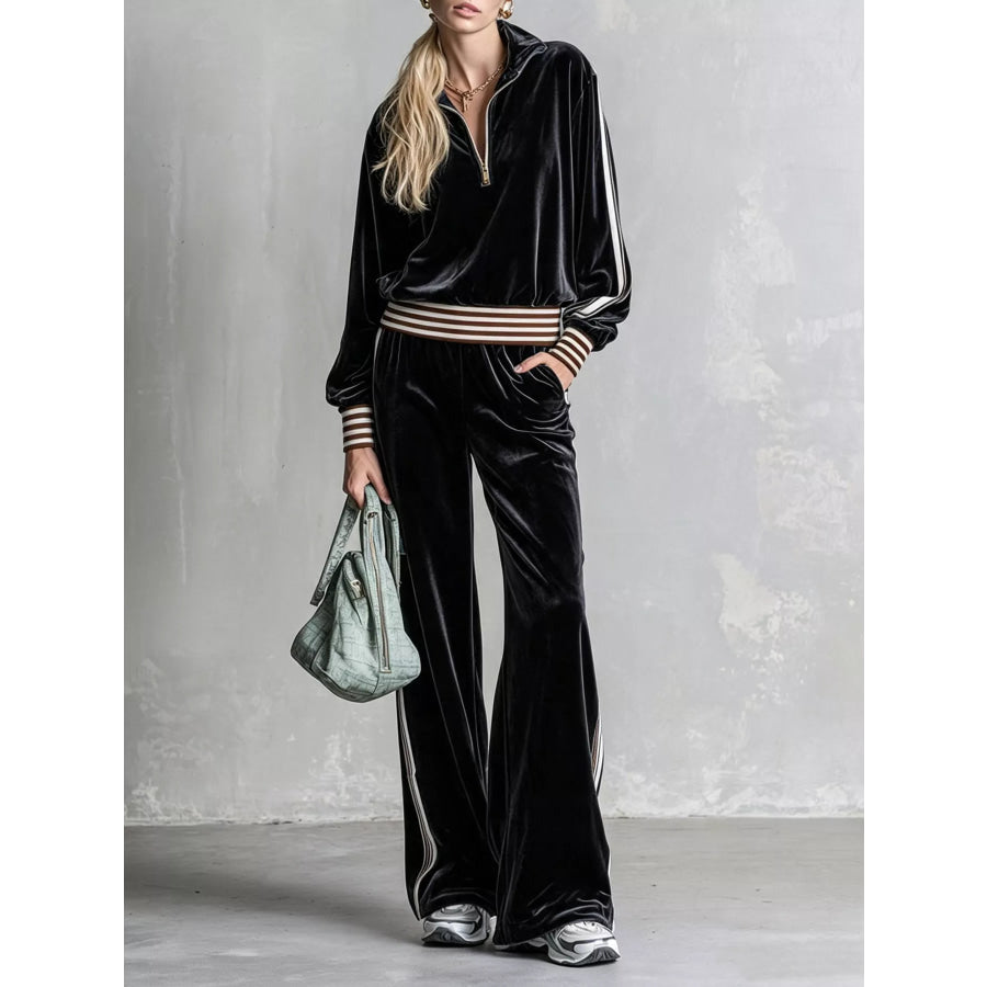 Striped Half Zip Top and Pants Set Black / S Apparel and Accessories