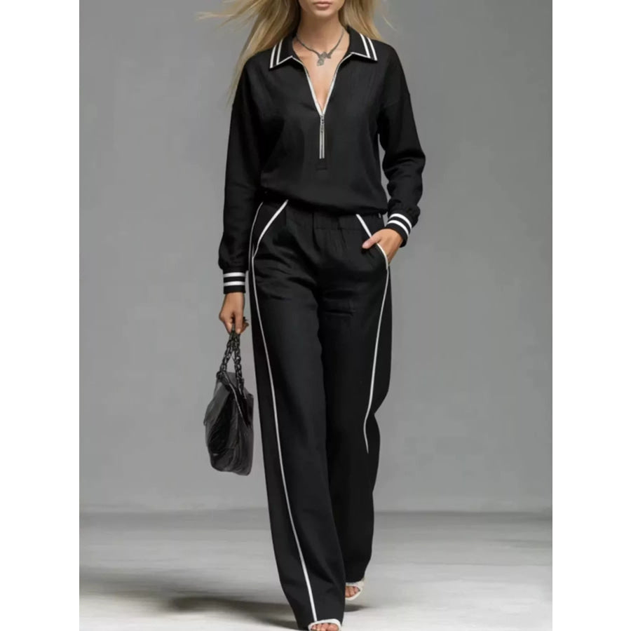 Striped Half Zip Top and Pants Set Black / S Apparel Accessories