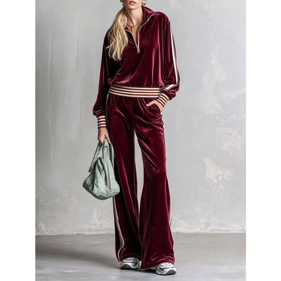 Striped Half Zip Top and Pants Set Burgundy / S Apparel and Accessories