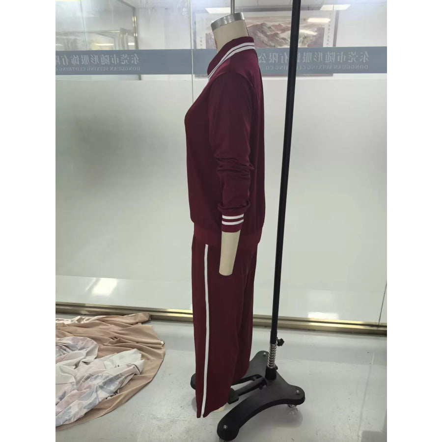 Striped Half Zip Top and Pants Set Burgundy / S Apparel Accessories