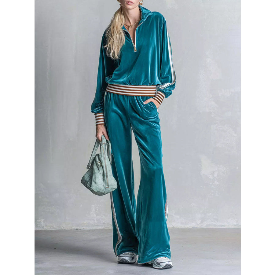 Striped Half Zip Top and Pants Set French Blue / S Apparel and Accessories