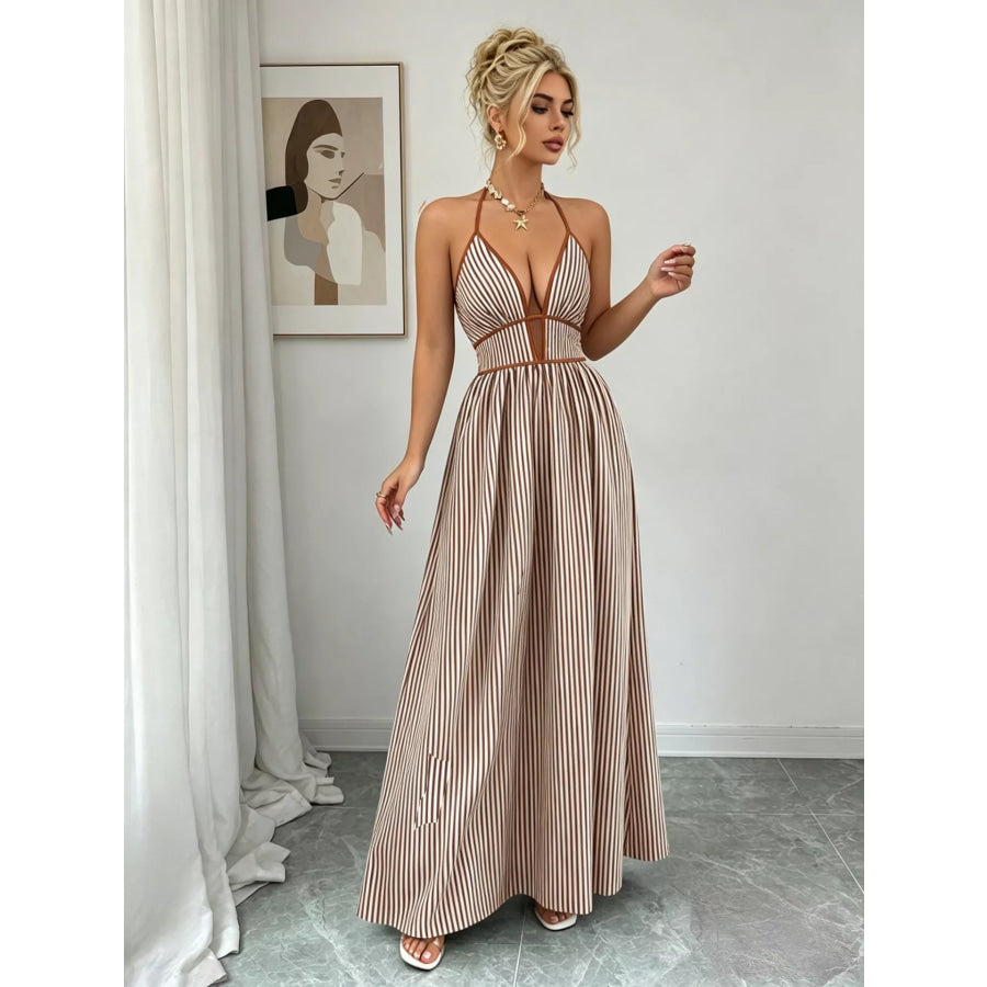 Striped Halter Neck Maxi Dress Apparel and Accessories