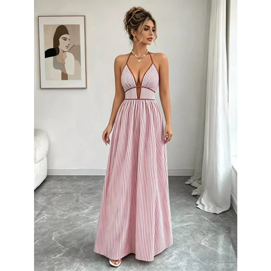Striped Halter Neck Maxi Dress Apparel and Accessories