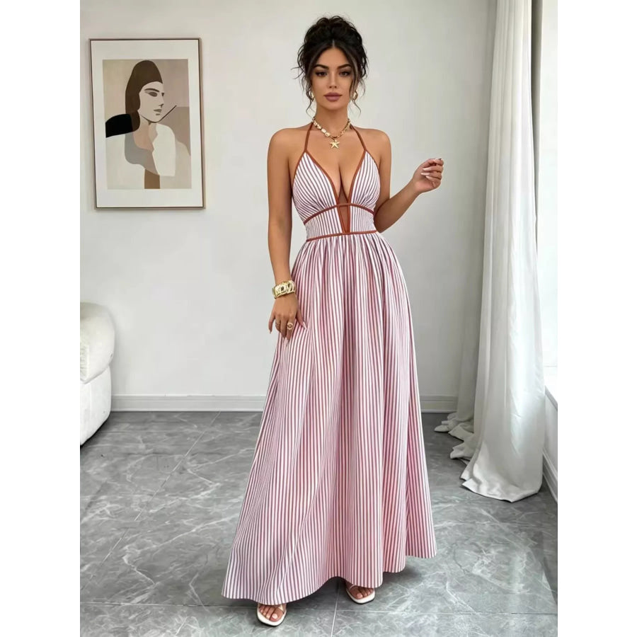 Striped Halter Neck Maxi Dress Apparel and Accessories