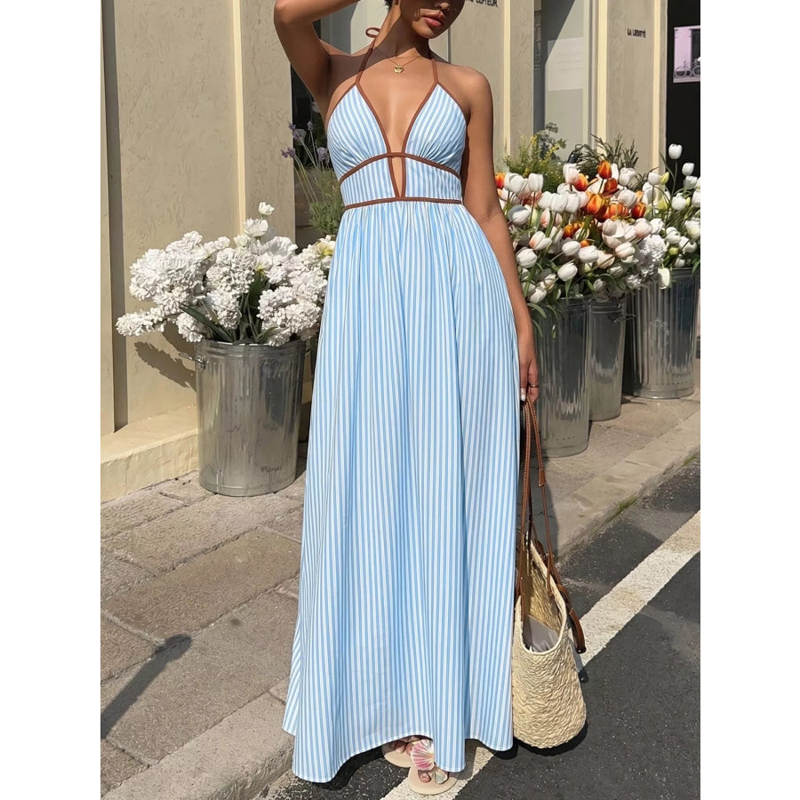 Striped Halter Neck Maxi Dress Blue / S Apparel and Accessories