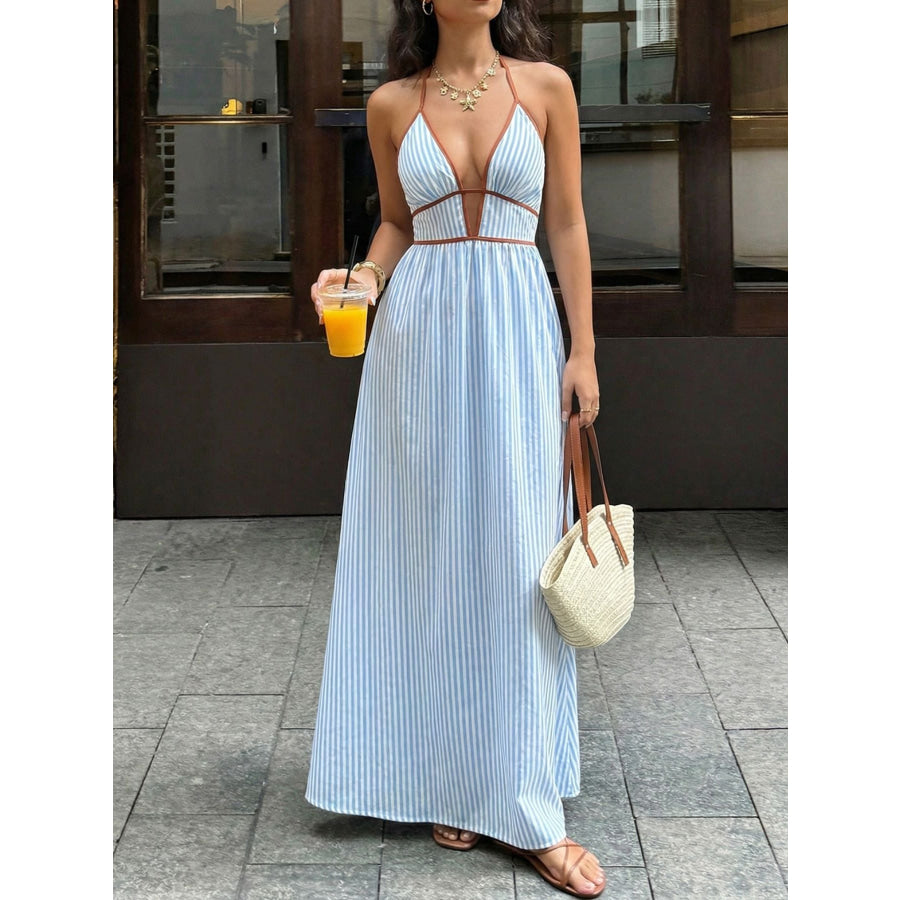 Striped Halter Neck Maxi Dress Apparel and Accessories