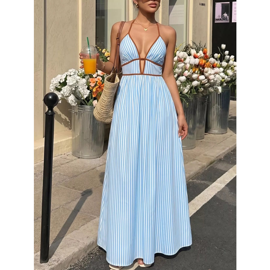 Striped Halter Neck Maxi Dress Apparel and Accessories