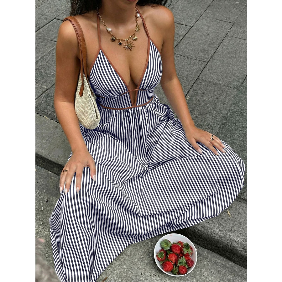 Striped Halter Neck Maxi Dress Apparel and Accessories