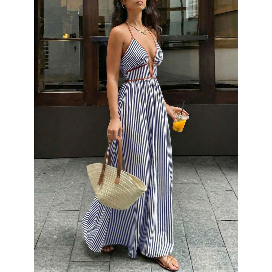 Striped Halter Neck Maxi Dress Apparel and Accessories
