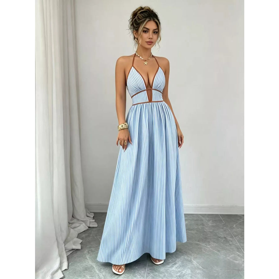 Striped Halter Neck Maxi Dress Apparel and Accessories