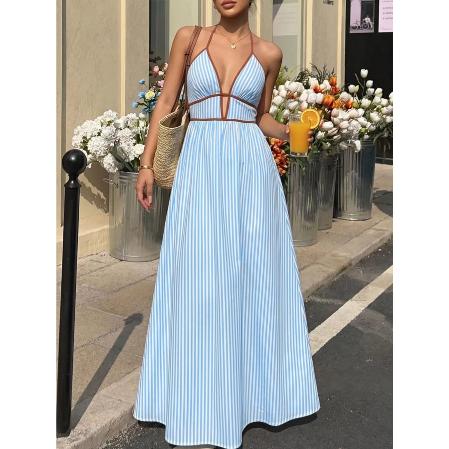 Striped Halter Neck Maxi Dress Blue / S Apparel and Accessories