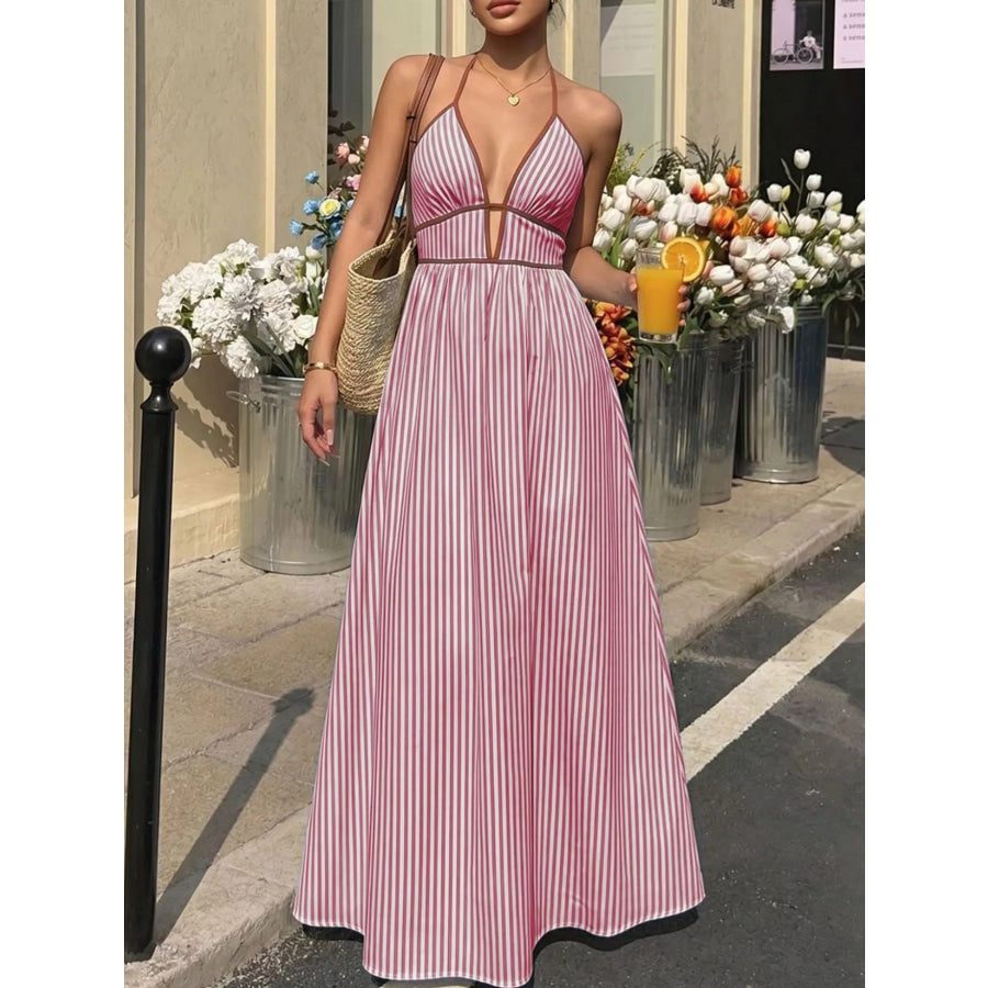 Striped Halter Neck Maxi Dress Burgundy / S Apparel and Accessories