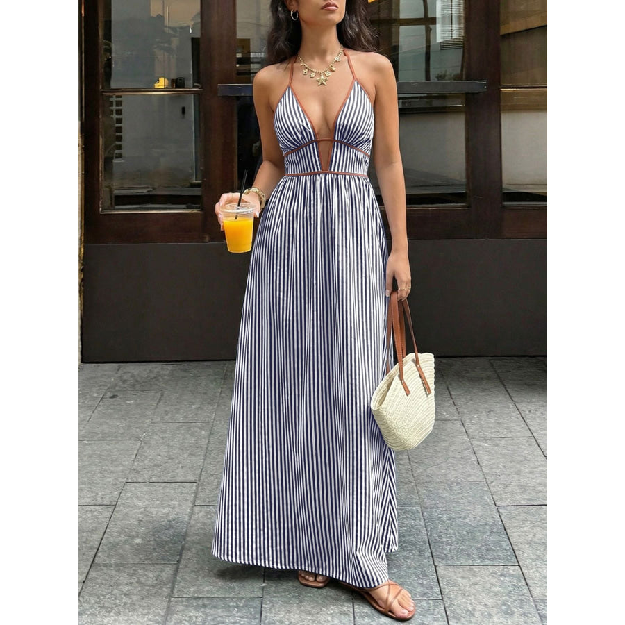 Striped Halter Neck Maxi Dress Dark Blue / S Apparel and Accessories