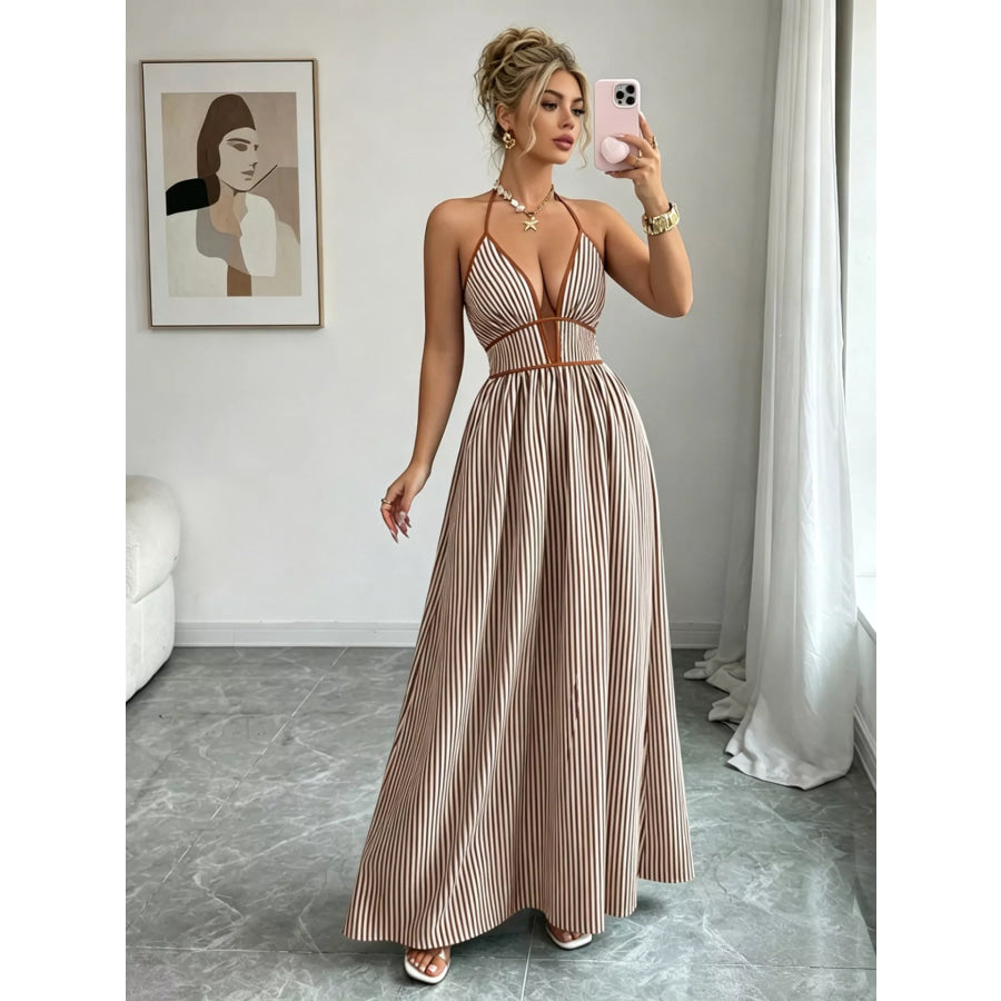 Striped Halter Neck Maxi Dress Khaki / S Apparel and Accessories