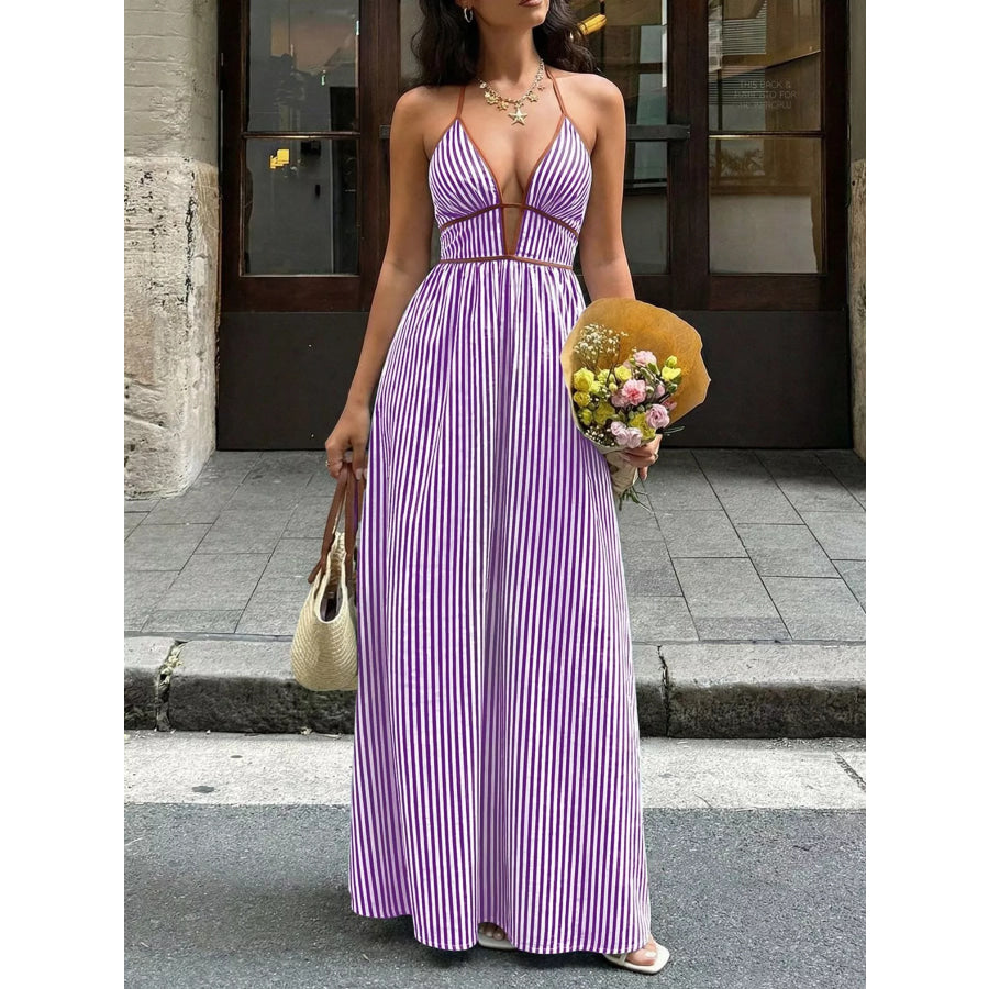 Striped Halter Neck Maxi Dress Lavender / S Apparel and Accessories