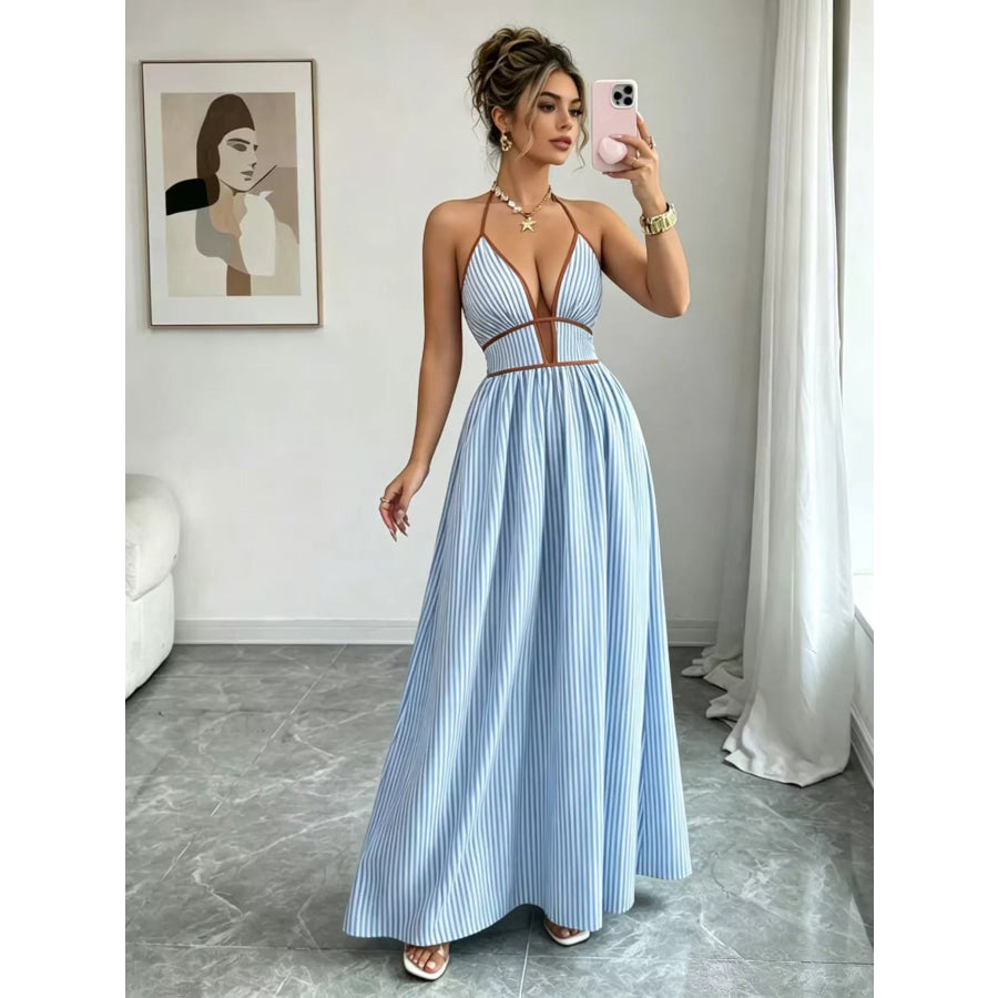 Striped Halter Neck Maxi Dress Light Blue / S Apparel and Accessories