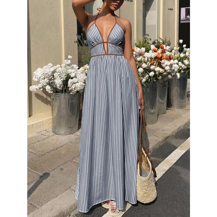 Striped Halter Neck Maxi Dress Navy Blue / S Apparel and Accessories