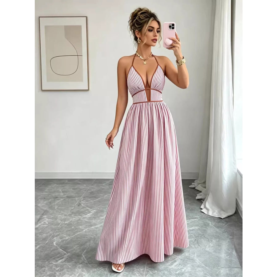 Striped Halter Neck Maxi Dress Pink / S Apparel and Accessories