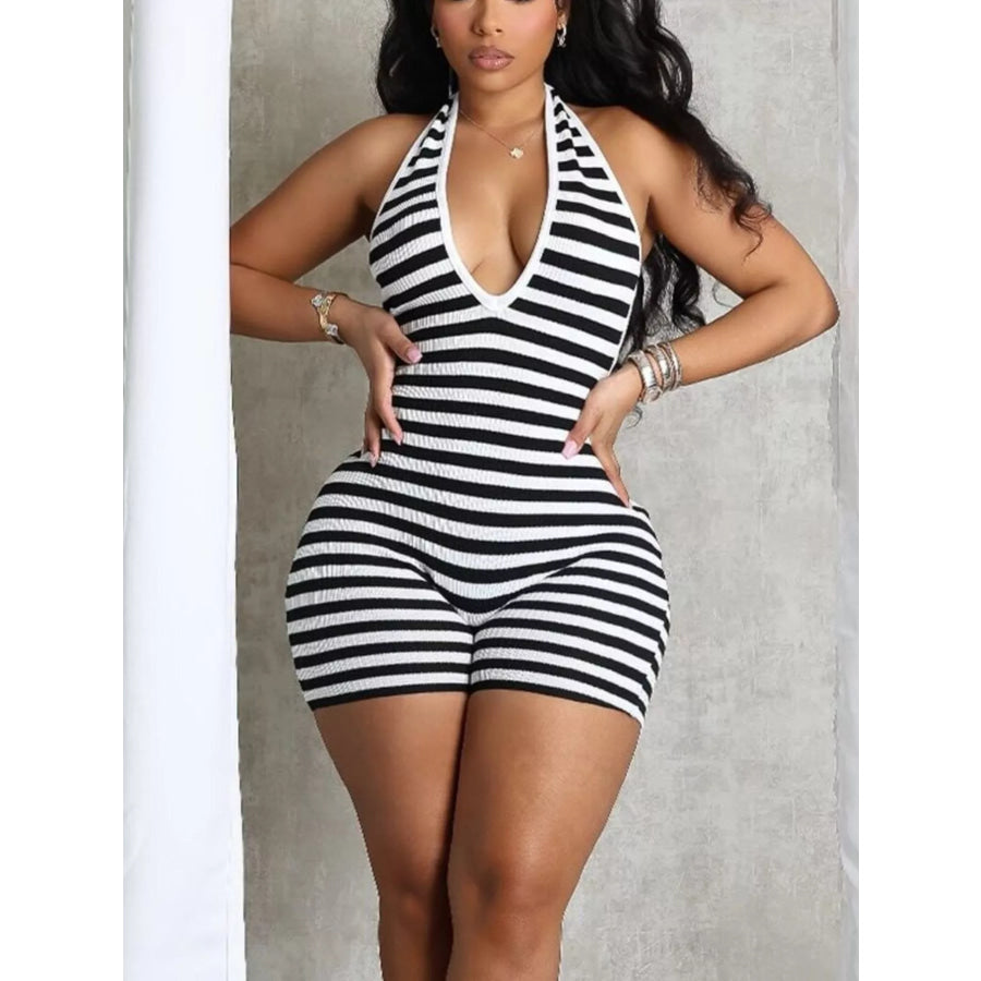 Striped Halter Neck Romper Apparel and Accessories