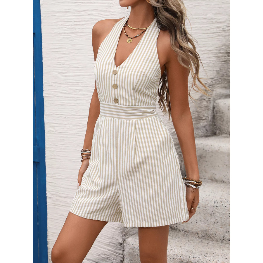 Striped Halter Neck Romper Apricot / S Apparel and Accessories