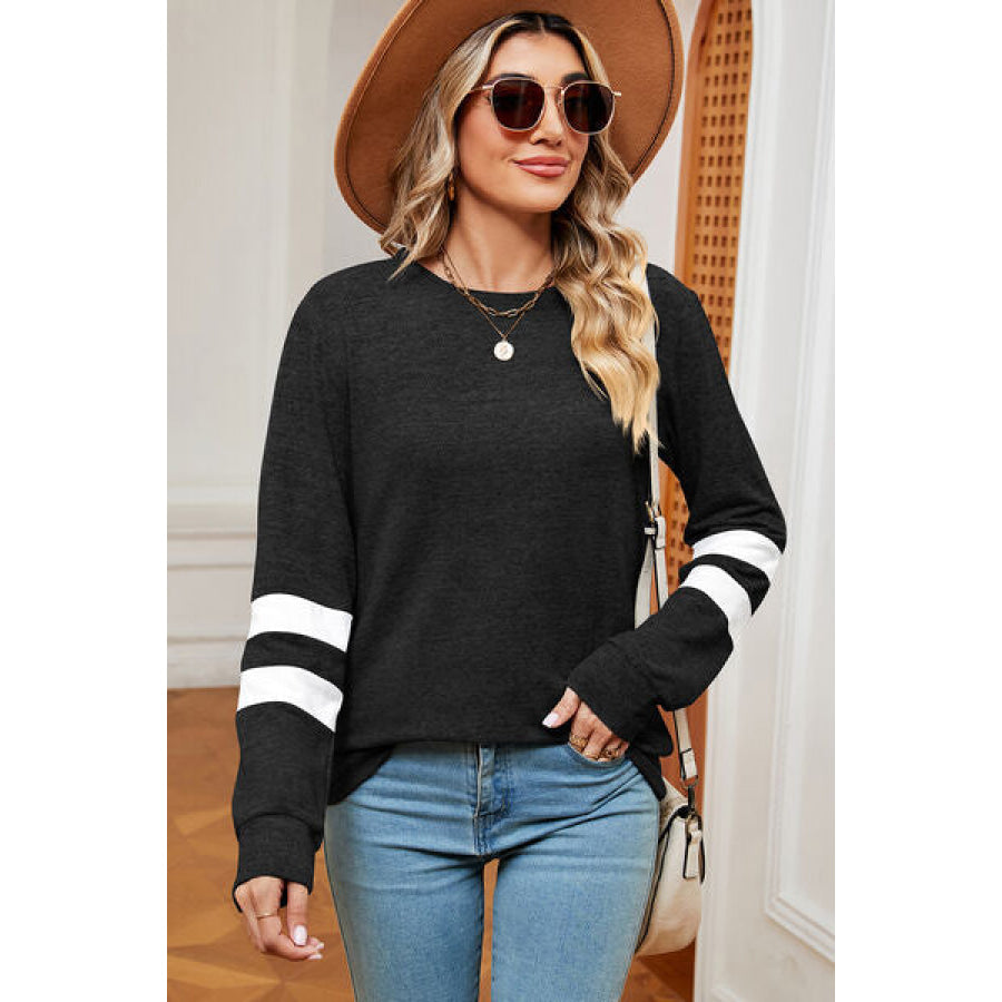 Striped Heathered Round Neck T - Shirt Black / S Apparel and Accessories