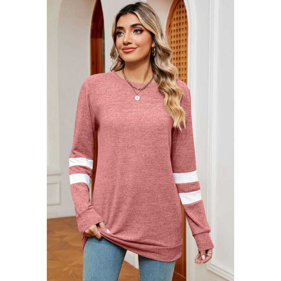 Striped Heathered Round Neck T - Shirt Blush Pink / S Apparel and Accessories