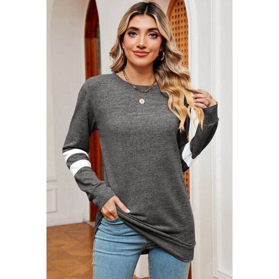 Striped Heathered Round Neck T - Shirt Charcoal / S Apparel and Accessories