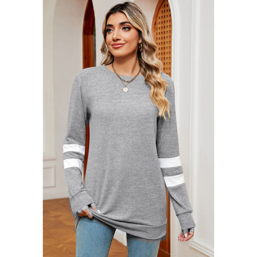 Striped Heathered Round Neck T - Shirt Light Gray / S Apparel and Accessories