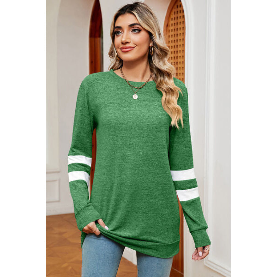 Striped Heathered Round Neck T - Shirt Mid Green / S Apparel and Accessories